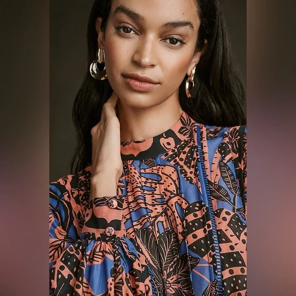 [NWT] $165 FARM RIO Tropical Gold Blue Pleated Long Sleeve Blouse. Size Small - Picture 9 of 12